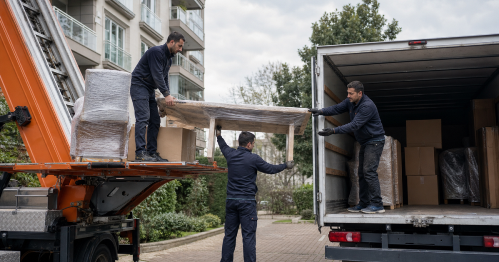 Mobilya asansöründen nakliye kamyonuna ev eşyası aktaran ekip