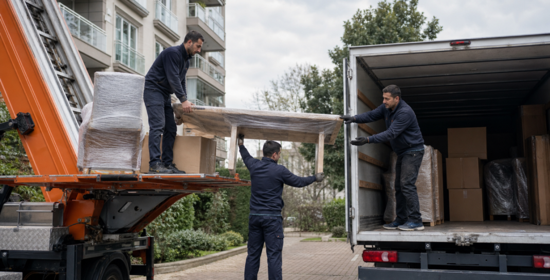 Mobilya asansöründen nakliye kamyonuna ev eşyası aktaran ekip